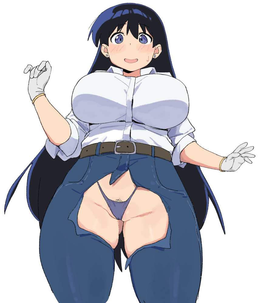 1girl belt big_breasts black_hair blush denim_jeans denpato ear_piercing female_pubic_hair female_solo gloves long_hair mouth_open nagi_arato purple_eyes ripped_clothing ripped_pants ruri_no_houseki ruri_rocks thigh_gap thighs thong_panties white_shirt