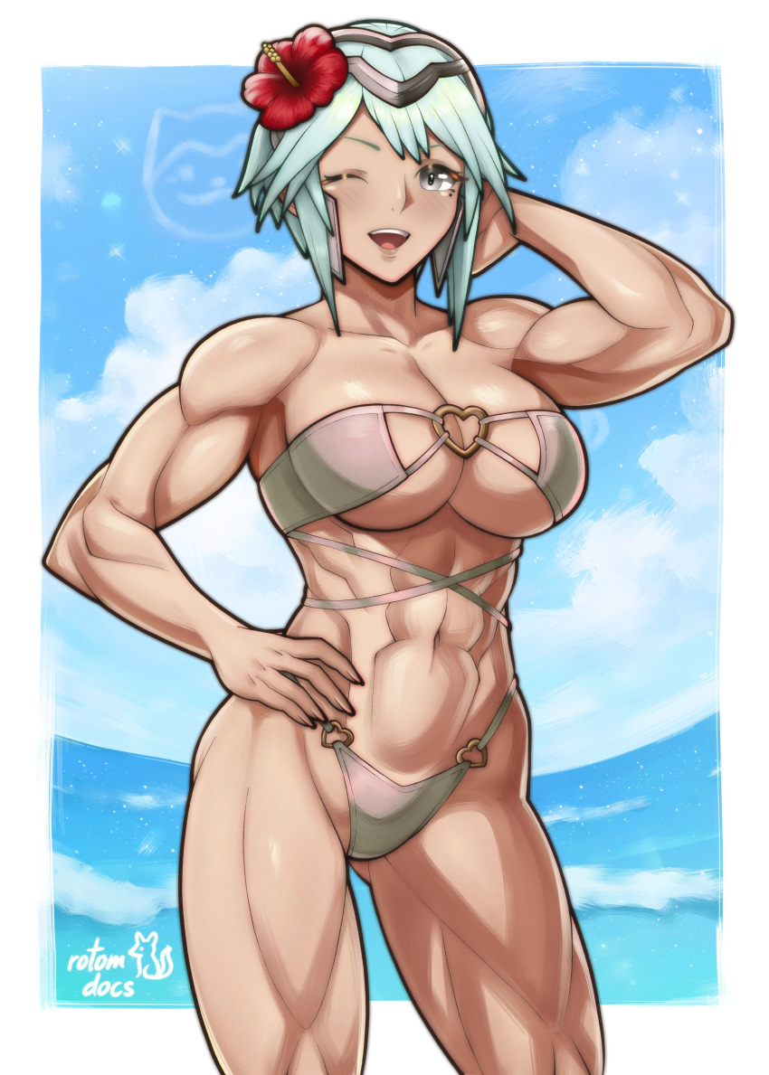 1girl ;d abs absurd_res alluring alternate_costume arm_behind_head arm_up athletic_female bare_arms bare_shoulders big_breasts bikini blue_hair cleavage collarbone commission dagr_(fire_emblem) female_abs fire_emblem fire_emblem_heroes fit_female flower gluteal_fold hair_flower hair_ornament hand_on_own_hip headpiece heart heart_o-ring high_res intelligent_systems ko-fi_commission looking_at_viewer navel nintendo o-ring o-ring_bikini ocean one_eye_closed open_mouth outside rotomdocs sandals short_hair smile stomach swimsuit thighs under_boob