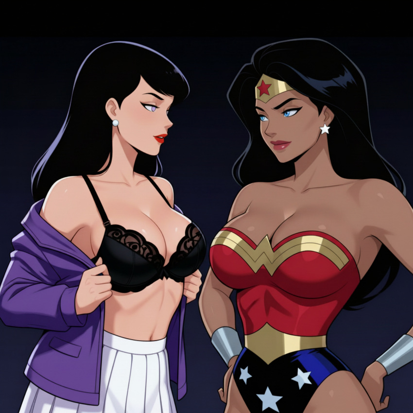 2_girls amazon arm_at_side bangs bare_arms bare_shoulders big_breasts black_background black_bra black_hair blue_eyes blue_leotard boots bra bracer breasts cleavage closed_mouth collarbone couple dc_comics dcau diana_prince duo earrings eye_contact female/female female_only footwear gloves gold_jewelry gradient gradient_background grin half-closed_eyes hands_on_hips heroine jacket jewelry justice_league justice_league_unlimited lavender_eyes leotard lips lipstick lois_lane long_hair long_sleeves looking_at_another love makeup medium_breasts midriff miniskirt multicolored_clothes multicolored_leotard multiple_girls mutual_yuri naughty_face navel neck off_shoulder open_clothes open_jacket parted_bangs parted_lips pearl pearl_earrings pink_lipstick pleated_skirt purple_eyes purple_jacket red_boots red_footwear red_leotard red_lipstick romantic romantic_couple sghero1234 sghero1234_(artist) silver_bracer silver_jewelry skirt smile standing star star_(symbol) star_earrings star_print straight_hair strapless strapless_leotard superhero_costume superheroine superman:_the_animated_series superman_(series) themysciran tiara two-tone_leotard undressing white_earrings white_skirt wonder_woman wonder_woman_(dcau) wonder_woman_(series) yuri