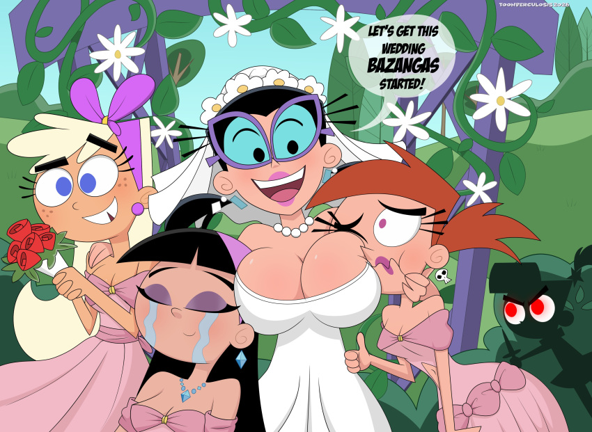 big_breasts black_hair blonde_hair blue_eyes bouquet breasts bridal_veil bride bridesmaid brown_hair chloe_carmichael closed_eyes crying_with_eyes_closed diamond_earrings diamond_necklace earrings eyeshadow floral_head_wreath freckles_on_face glasses headband holding_weapon knife looking_at_viewer necklace nickelodeon pearl_necklace purple_eyes red_eyes roses shadowy_figure skull skull_earrings stalking the_fairly_oddparents toonberculosis tooth_gap tootie trixie_tang veronica_star vicky_(fairly_odd_parents) vicky_(fop) wedding_dress wedding_photo