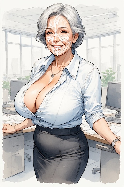 big_breasts cleavage cum facial female_only green_hair mature_female office sloppyai