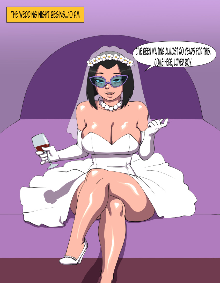 alternate_version_available bed bedroom big_breasts black_hair breasts bride caption come_hither commission commissioner_upload darkeros darkeros13 elbow_gloves floral_head_wreath glasses gloves high_heels legs_crossed looking_at_viewer necklace nickelodeon on_bed pearl_necklace speech_bubble the_fairly_oddparents thedarkeros tootie wedding_dress wedding_night wine_glass
