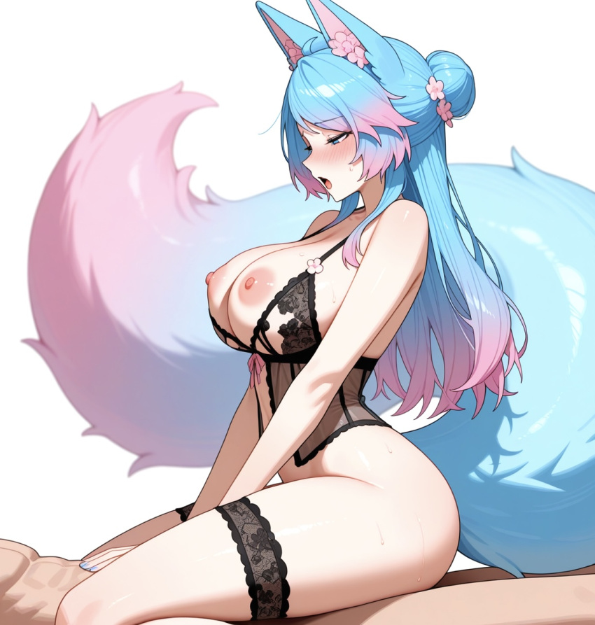 1boy 1girls ai_generated big_breasts black_lingerie black_thighlet blue_eyes blue_hair blush breasts breasts_out cowgirl_position hair_bun half-closed_eyes indie_virtual_youtuber indie_vtuber lingerie long_hair moaning multicolored_hair multicolored_tail naked_male nipples nude nude_male penis_in_pussy pink_hair sex silvervale thighlets vaginal_penetration virtual_youtuber vtuber wolf_ears wolf_girl wolf_tail