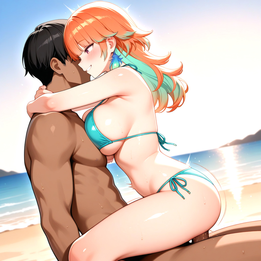 1boy 1girls ai_generated arms_around_neck beach big_breasts bikini blush breasts cyan_bikini dark-skinned_male feather_hair_ornament hololive hololive_english hololive_myth light-skinned_female long_hair multicolored_hair naked_male nude nude nude_male orange_hair outside penis_in_pussy pink_eyes sex smile takanashi_kiara turquoise_hair upright_straddle vaginal_penetration virtual_youtuber vtuber