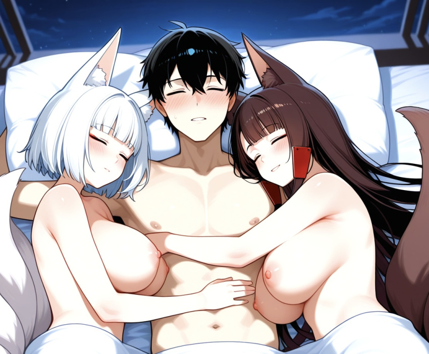 1boy 2_girls ai_generated akagi_(azur_lane) azur_lane big_breasts blanket blush breasts brown_hair closed_eyes fox_ears fox_girl fox_tails hair_accessory hair_ornament hugging in_bed kaga_(azur_lane) long_hair naked_female naked_male night nipples nude nude nude_female nude_male ship_girl sisters sleeping smile under_blanket white_hair
