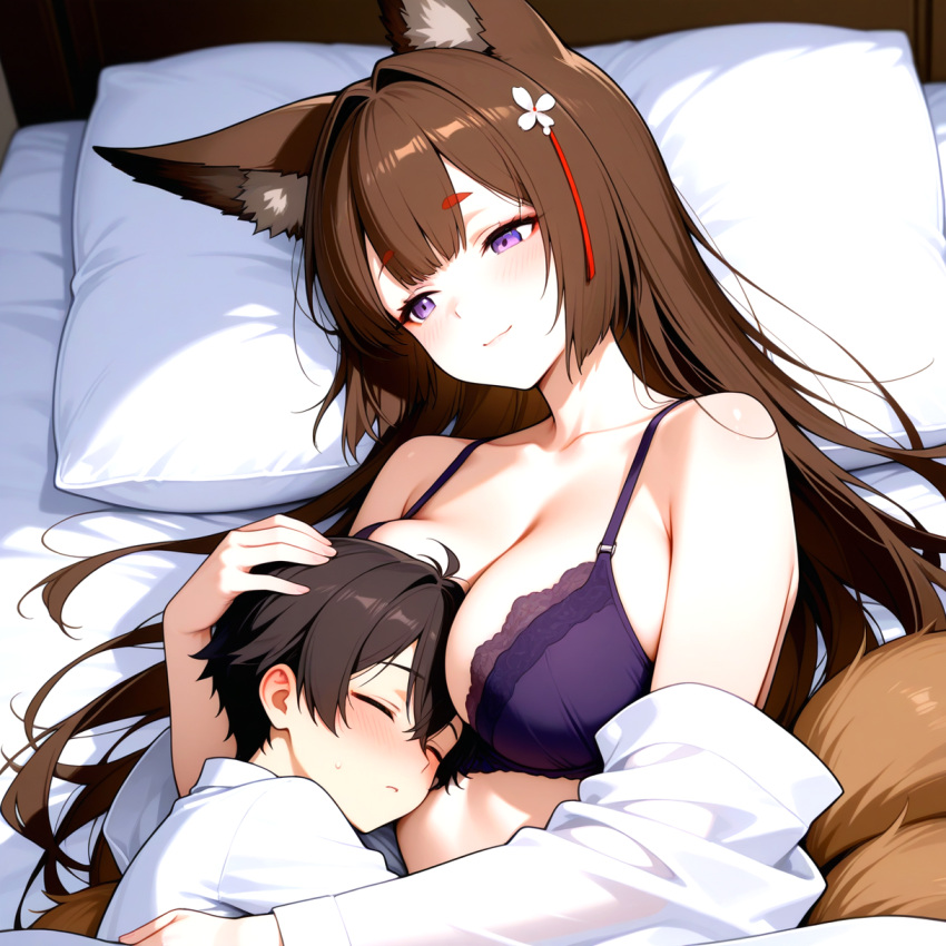 1boy 1girls ai_generated amagi_(azur_lane) azur_lane bedroom big_breasts blouse blush bra breasts brown_hair cleavage clothed fox_ears fox_girl fox_tails hair_accessory hair_ornament hugging in_bed long_hair male_sleeping mother_&_son purple_bra purple_eyes ship_girl smile under_blanket white_blouse wholesome