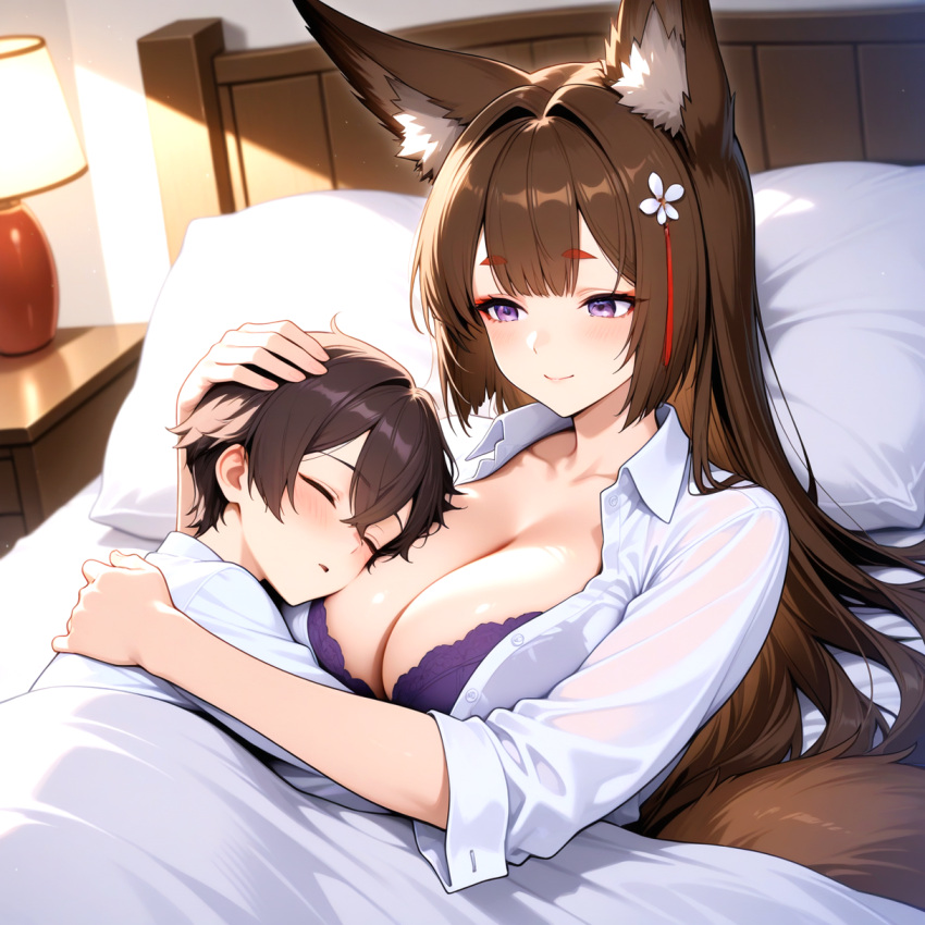1boy 1girls ai_generated amagi_(azur_lane) azur_lane bedroom big_breasts blouse blush bra breasts brown_hair cleavage clothed fox_ears fox_girl fox_tails hair_accessory hair_ornament hugging in_bed long_hair male_sleeping mother_&_son purple_bra purple_eyes ship_girl smile under_blanket white_blouse wholesome