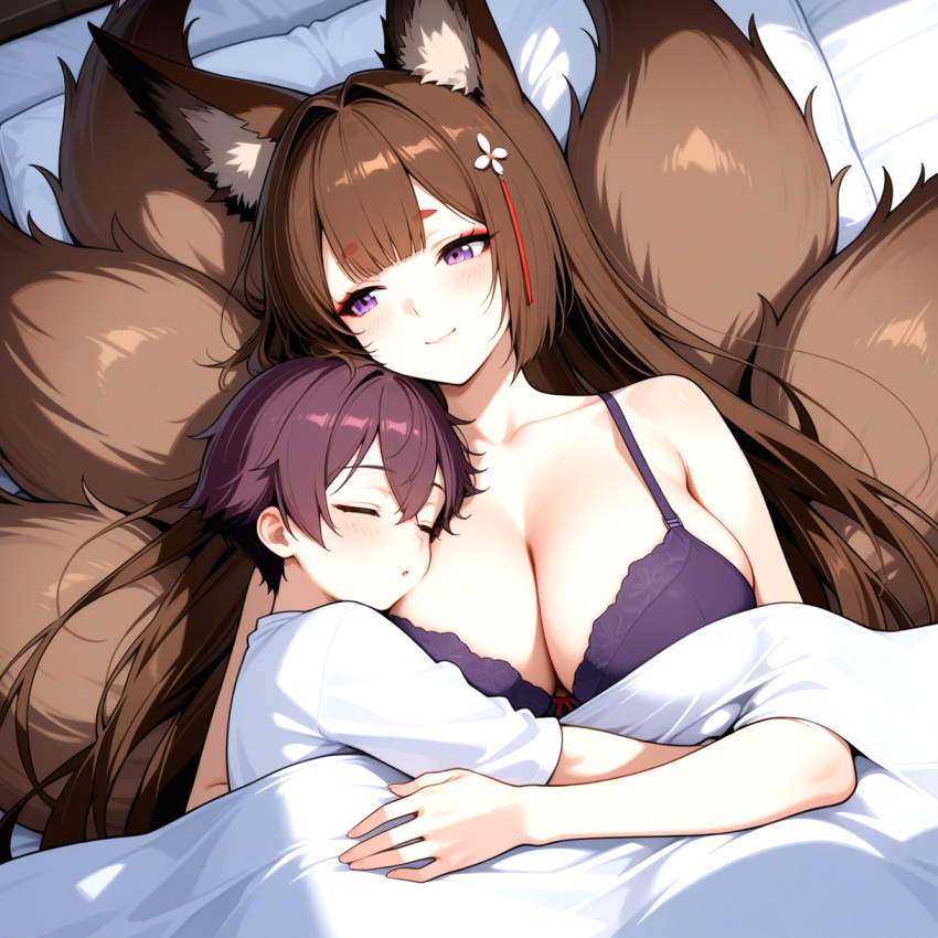 1boy 1girls ai_generated amagi_(azur_lane) azur_lane bedroom big_breasts blush bra breasts brown_hair cleavage clothed_male fox_ears fox_girl fox_tails hair_accessory hair_ornament hugging in_bed long_hair male_sleeping mother_&_son purple_bra purple_eyes ship_girl smile under_blanket wholesome