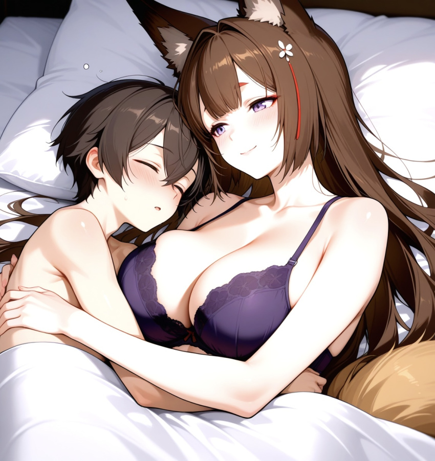 1boy 1girls ai_generated amagi_(azur_lane) azur_lane bedroom big_breasts blush bra breasts brown_hair cleavage fox_ears fox_girl fox_tails hair_accessory hair_ornament hugging in_bed long_hair male_sleeping mother_&_son naked_male nude nude nude_male purple_bra purple_eyes ship_girl smile under_blanket wholesome