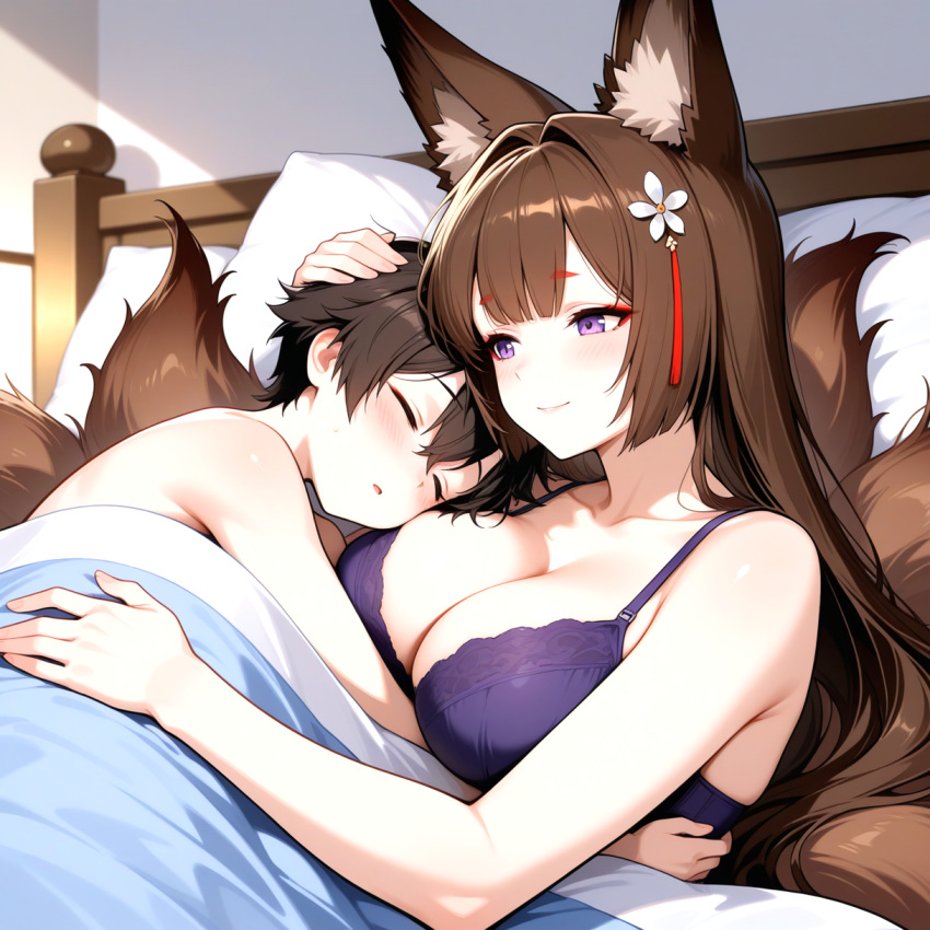 1boy 1girls ai_generated amagi_(azur_lane) azur_lane bedroom big_breasts blush bra breasts brown_hair cleavage fox_ears fox_girl fox_tails hair_accessory hair_ornament hugging in_bed long_hair male_sleeping mother_&_son naked_male nude nude nude_male purple_bra purple_eyes ship_girl smile under_blanket wholesome