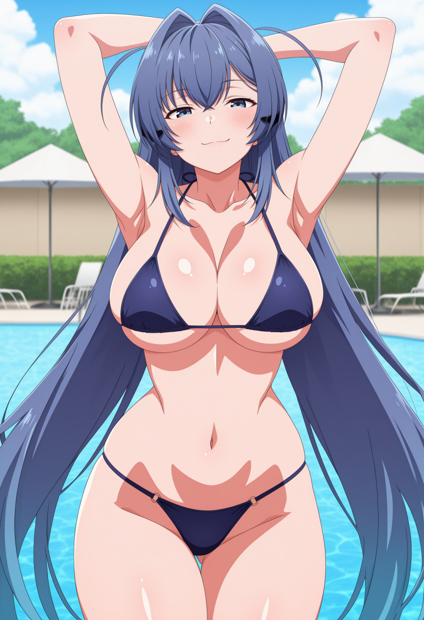 1girl ai_generated azur_lane big_breasts bikini blue_bikini blue_eyes blue_hair blush breasts cleavage female_only hands_behind_head long_hair new_jersey_(azur_lane) outdoor_pool outside pool poolside ship_girl smile solo_female vegaforge