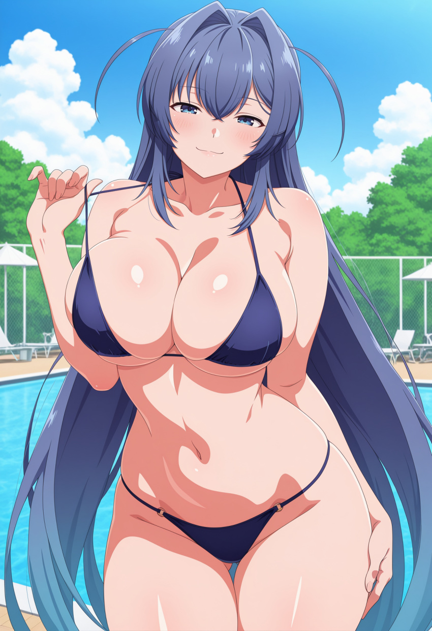 1girl ai_generated azur_lane big_breasts bikini blue_bikini blue_eyes blue_hair blush breasts cleavage female_only hand_on_own_thigh hand_on_thigh long_hair new_jersey_(azur_lane) outdoor_pool outside pool poolside pulling_bikini_string ship_girl smile solo_female vegaforge