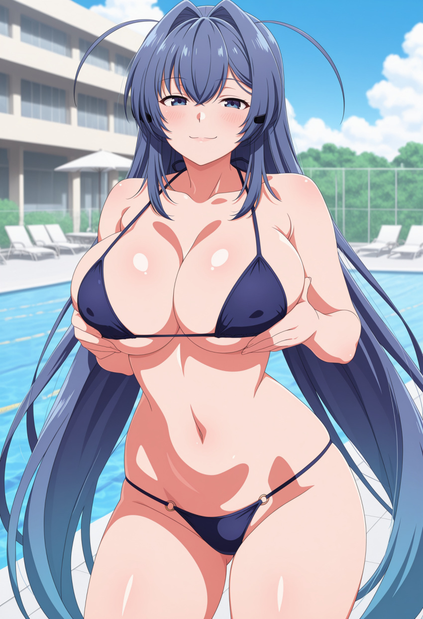 1girl ai_generated azur_lane big_breasts bikini blue_bikini blue_eyes blue_hair blush breasts cleavage female_only hands_on_breasts hands_on_own_breasts hotel long_hair new_jersey_(azur_lane) outdoor_pool outside pool poolside ship_girl smile solo_female vegaforge