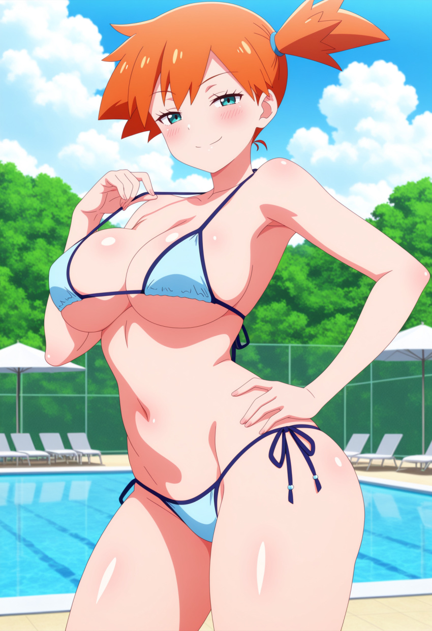 1girl ai_generated big_breasts bikini blush breasts cleavage female_only hand_on_hip hand_on_own_hip light_blue_bikini misty_(pokemon) nintendo orange_hair outdoor_pool outside pokemon pool poolside pulling_bikini_string side_ponytail smile solo_female turquoise_eyes vegaforge