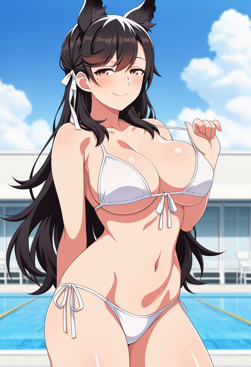 1girl ai_generated arm_behind_back atago_(azur_lane) azur_lane big_breasts bikini black_hair blush breasts brown_eyes cleavage dog_ears dog_girl female_only hair_ribbon long_hair outdoor_pool outside pool poolside pulling_bikini_string ribbon ship_girl smile solo_female vegaforge white_bikini white_ribbon