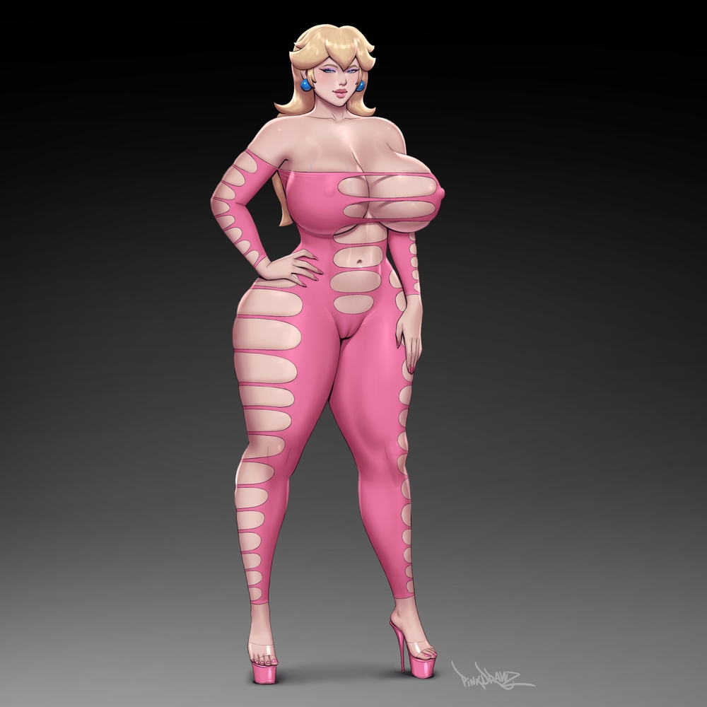 1girl big_breasts blonde_hair blue_eyes bubble_butt cleavage horny inviting_to_sex looking_at_viewer mario_(series) mario_bros pinkdrawz pose princess_peach standing super_mario_bros. teasing thick_thighs