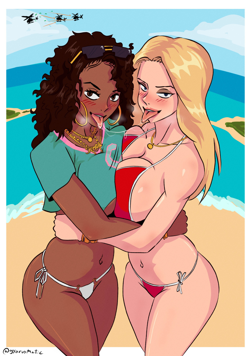 2_girls absurd_res aqua_shirt artist_name big_breasts bikini bikini_under_clothes blonde_hair blue_eyes bracelet breasts brown_eyes brown_hair cropped_shirt dark-skinned_female dark_skin earrings eyewear_on_head fingernails grand_theft_auto grand_theft_auto_v grand_theft_auto_vi grin gtav_cover_girl gyaruomatic_(artist) high_res holding holding_phone interracial interracial_yuri jewelry long_hair multiple_girls navel necklace phone pink_background rockstar_games shirt smile standing standing_up sunglasses swimsuit teeth twitter vice_city_cover_girl video_game_character video_game_franchise video_games white_bikini yuri