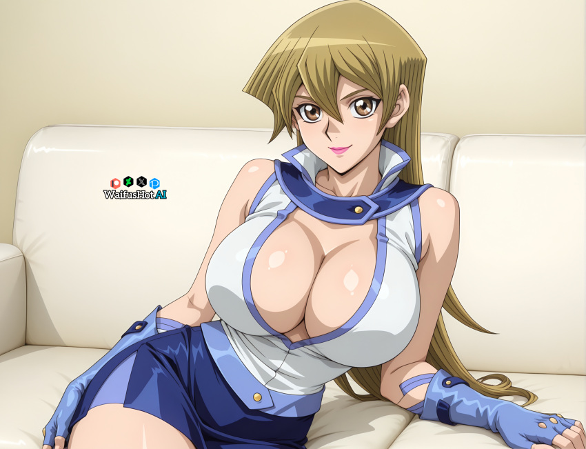 1girl ai_generated alexis_rhodes asuka_tenjouin big_breasts big_breasts breasts collarbone couch huge_breasts konami light-skinned_female light_skin lips lipstick smile tenjouin_asuka uniform waifushotai yu-gi-oh! yu-gi-oh!_gx