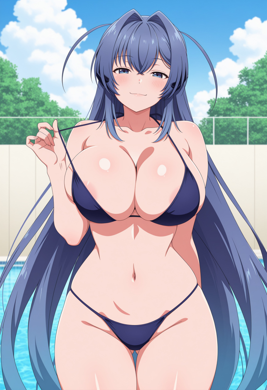 1girl ai_generated arms_behind_back azur_lane big_breasts bikini blue_bikini blue_eyes blue_hair blush breasts cleavage female_only long_hair new_jersey_(azur_lane) outdoor_pool outside pool poolside pulling_bikini_string ship_girl smile solo_female vegaforge