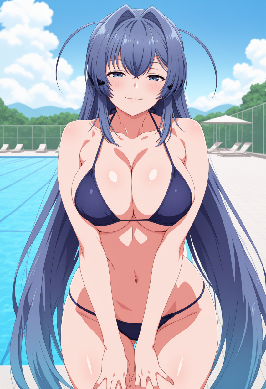 1girl ai_generated azur_lane big_breasts bikini blue_bikini blue_eyes blue_hair blush breasts cleavage female_only hands_on_own_thighs hands_on_thighs long_hair new_jersey_(azur_lane) outdoor_pool outside pool poolside ship_girl smile solo_female vegaforge