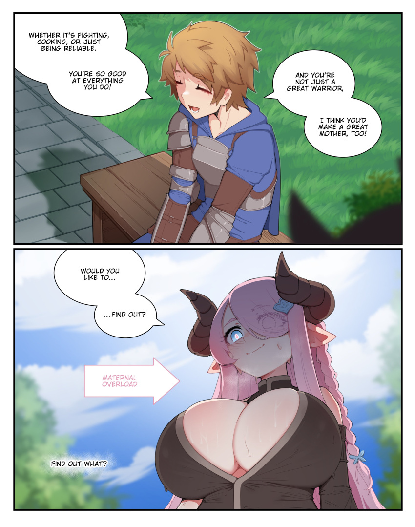 1boy 1girl absurd_res big_breasts blush brown_hair closed_eyes dialogue draph english_text eye_visible_through_hair gran_(granblue_fantasy) granblue_fantasy hair_over_one_eye hairclip horns horny horny_female imminent_sex inner_sideboob long_hair luxurias male narmaya_(granblue_fantasy) pink_hair pointy_ears smile speech_bubble sweat