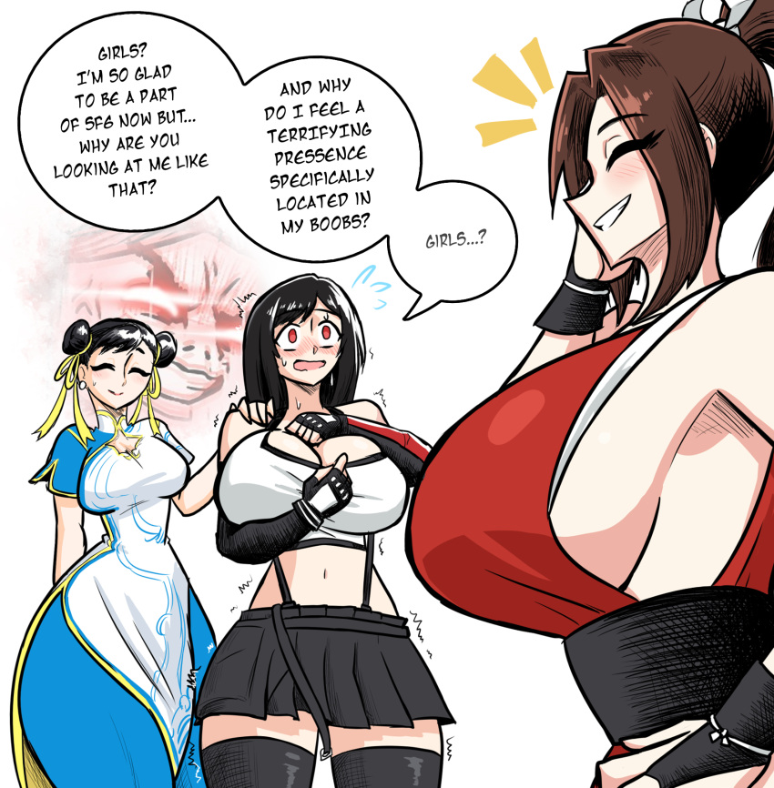 1boy 3_girls arm_up artist_self-insert bare_shoulders big_breasts big_breasts black_hair black_skirt black_sleeves black_thighhighs blue_dress blue_pants blush breasts brown_hair cameo capcom china_dress chinese_clothes chun-li cleavage cleavage_cutout closed_eyes clothing_cutout commentary cowboy_shot crop_top detached_sleeves double_bun dress english_commentary english_text fatal_fury final_fantasy final_fantasy_vii final_fantasy_vii_remake fingerless_gloves flying_sweatdrops from_side gloves gold_trim grin hair_bun hair_ribbon hand_on_another's_shoulder hand_on_own_face hand_on_own_hip hand_up hands_on_own_chest hands_up high_ponytail high_res huge_breasts japanese_clothes king_of_fighters long_hair mai_shiranui midriff motoyui multiple_girls navel nervous ninja notice_lines open_mouth pants pelvic_curtain ponytail red_eyes ribbon sawplanik shiny_clothes shiranui_mai short_hair short_sleeves sideboob sidelocks simple_background single_arm_guard skirt smile snk speech_bubble square_enix standing stockings street_fighter street_fighter_6 suspender_skirt suspenders sweat swept_bangs tank_top the_king_of_fighters thick_thighs thighs tifa_lockhart tight_clothes tight_pants trembling upper_body vkid white_background white_dress white_tank_top wrist_guards zettai_ryouiki