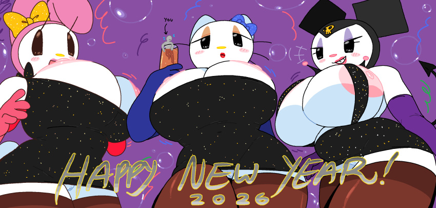 1girl 1girl 2026 3_girls adorable alcohol alternate_version_available ambiguous_gender anthro areola areola_slip bare_shoulders big_breasts big_breasts bimbo bimbo_lips black_eyes blush blush_stickers bow breasts bunny_ears bunny_girl cassettedream cat_girl cigarette cleavage clothing cute demon_girl dream-cassette dress drink_can drunk elbow_gloves english_text exposed_breasts eyeliner eyeshadow felid feline felis furry furry_female gloves hair_bow happy_new_year hat headwear hello_kitty hello_kitty_(character) hello_kitty_(series) holding_can holidays hoshime huge_breasts jester_cap jester_hat kitty_white kuromi lagomorph lipstick looking_at_viewer makeup microdress multiple_girls my_melody nipple_slip nipples no_panties onegai_my_melody open_mouth plump pussy rabbit rabbit_girl sanrio sleeveless sleeveless_dress smile solo_female stockings stockings strapless_dress tail teeth text thick_thighs thighs wardrobe_malfunction white_fur