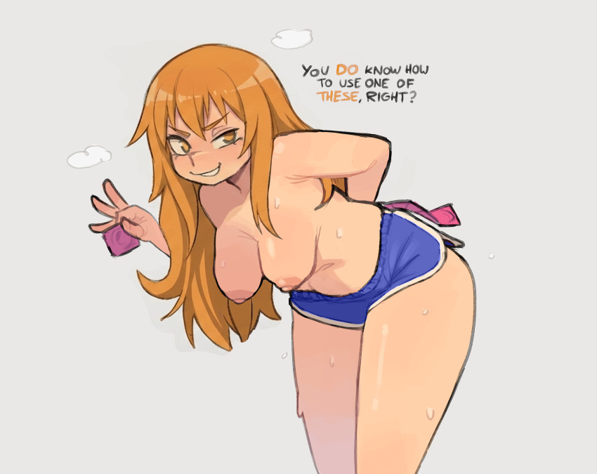 1girl 1girl big_breasts breasts condom gamo-chan hanging_breasts leaning_forward orange_eyes orange_hair please_don't_bully_me,_nagatoro shorts simple_background solo_female thick_thighs thighs
