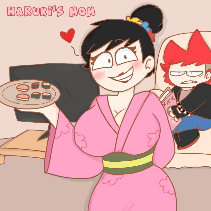 1girl 1girl1boy adult_female big_breasts blaehine boob_window cute_face dress haruki_teshigawara heart japanese japanese_clothes japanese_female lipstick mature_female medium_breasts milf mom mom_son mommy oc old_art original original_character sushi yuko_teshigawara