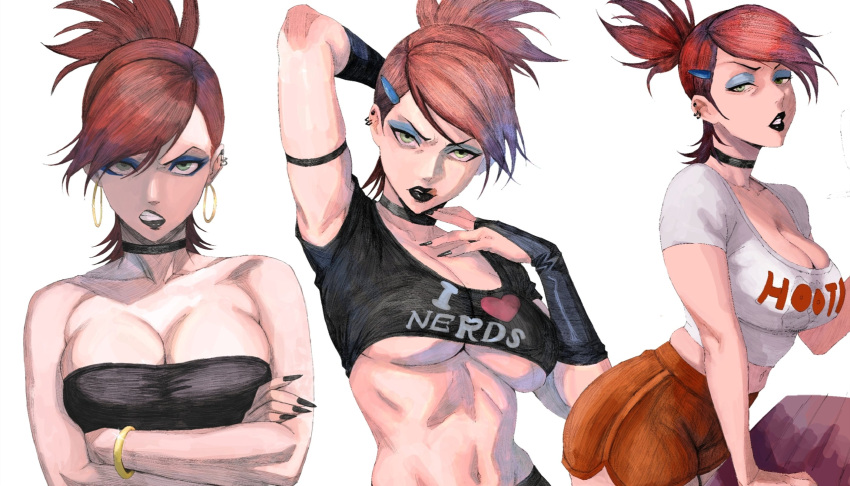 1girl 1girls 2d 2d_(artwork) abs all_black angry angry_expression angry_face arm_behind_head arms_up big_breasts big_breasts black_lipstick blue_eyes boob_window breasts breasts choker crop_top crossed_arms ear_piercing earrings exposed_midriff eyebrows eyelashes eyeliner female_only fingerless_elbow_gloves foster's_home_for_imaginary_friends frankie_foster green_eyes hex_mamaniac hooters hooters_uniform huge_breasts lipstick makeup midriff midriff_baring_shirt nail_polish pierced_ears red_hair redhead redhead_female round_breasts simple_background solo_female tagme tongue_out under_boob wristband