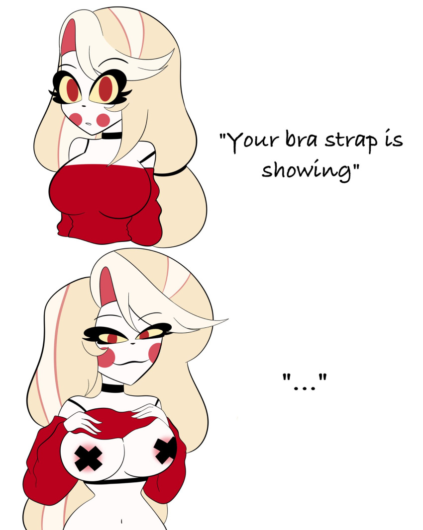 1girl 1girls amazon_prime big_breasts bra bra_strap_is_showing_(meme) charlie_morningstar charlie_morningstar_(hazbin_hotel) flashing hazbin_hotel hazbin_hotel_(season_2) hellaverse illusion jeny_312 long_hair pasties pasties_exposed pasties_under_clothes red_cheekdots red_cheeks red_clothing red_eyes spindlehorse_toons standing standing_up tricked twitter very_long_hair vivienne_medrano vivziepop