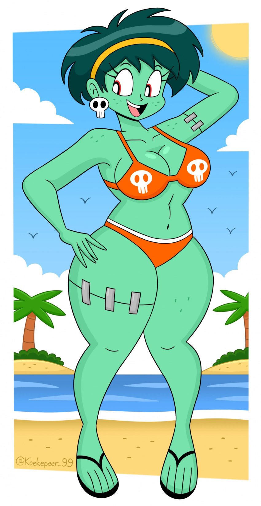 1girl adorasexy beach belly belly_button big_breasts bikini breasts cleavage curvy cute cutie earring female firm flip_flops green_hair headband hips hourglass_figure justafunguy23 large_boobs legs navel ocean palm_tree pose posing rottytops sand sandals seaside sexy shantae solo swimsuit thick_thighs thighs thong thunder_thighs voluptuous wayforward wide_hips zombie