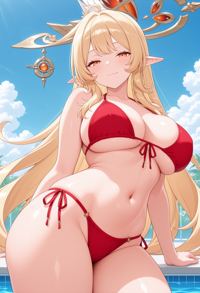1girl ai_generated alice_(genshin_impact) big_breasts bikini blonde_hair blush breasts cleavage female_only genshin_impact in_pool in_water long_hair milf orange_eyes outdoor_pool outside pointy_ears pool red_bikini smile solo_female vegaforge witch_hat