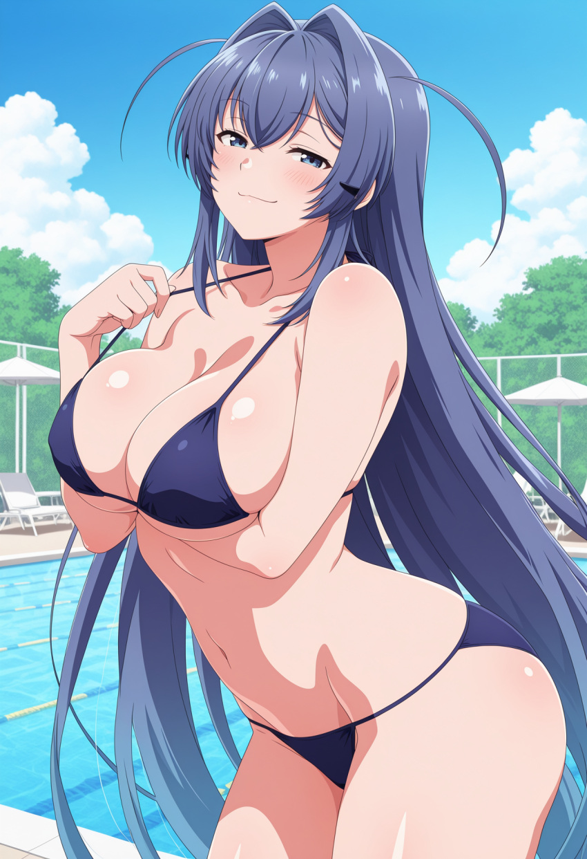 1girl ai_generated arm_under_breasts azur_lane big_breasts bikini blue_bikini blue_eyes blue_hair blush breasts cleavage female_only long_hair new_jersey_(azur_lane) outdoor_pool outside pool poolside pulling_bikini_string seductive_eyes seductive_look seductive_smile ship_girl smile solo_female vegaforge