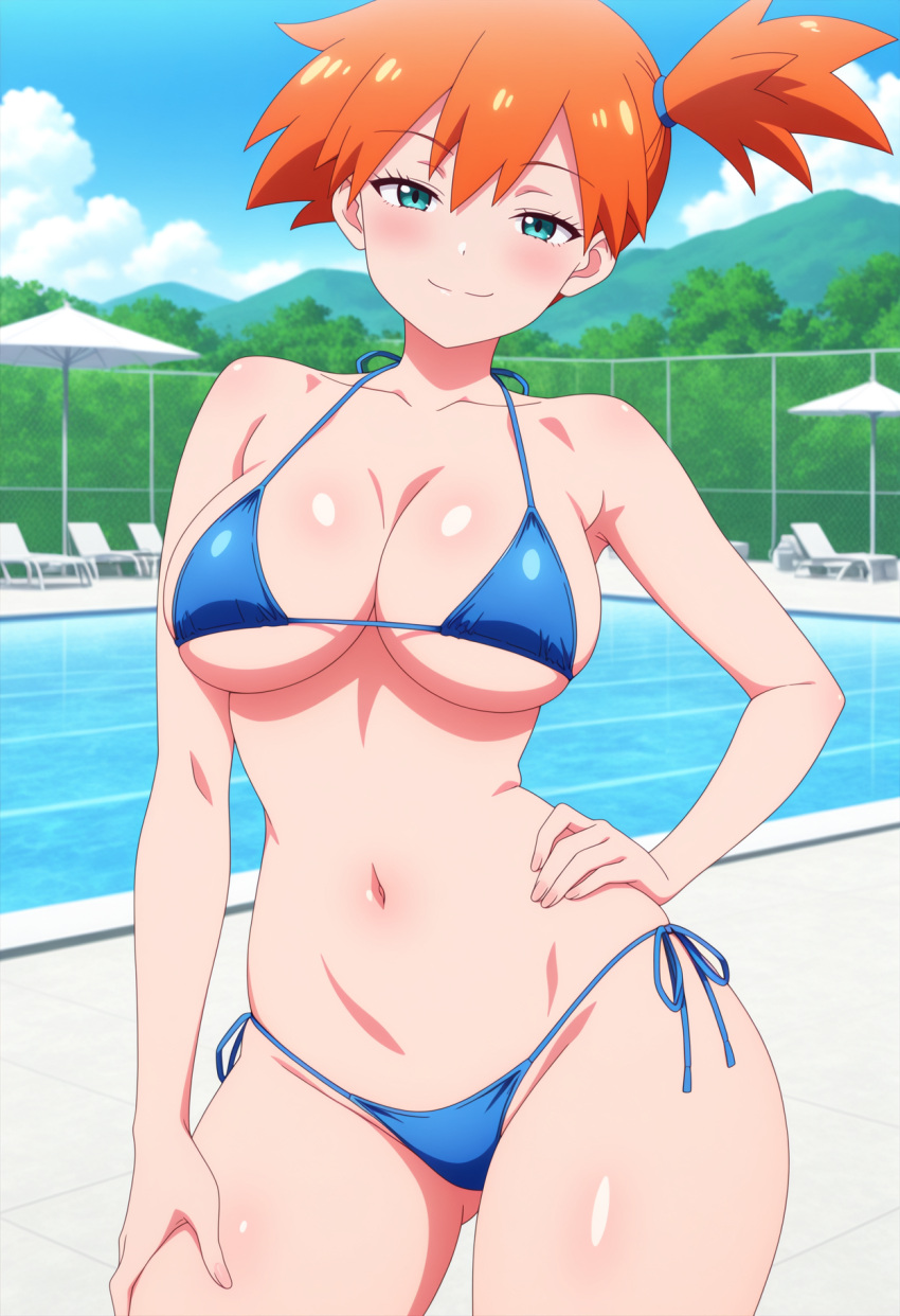 1girl ai_generated big_breasts bikini blue_bikini blush breasts cleavage female_only hand_on_hip hand_on_own_hip hand_on_own_thigh hand_on_thigh misty_(pokemon) nintendo orange_hair outdoor_pool outside pokemon pool poolside side_ponytail smile solo_female turquoise_eyes vegaforge