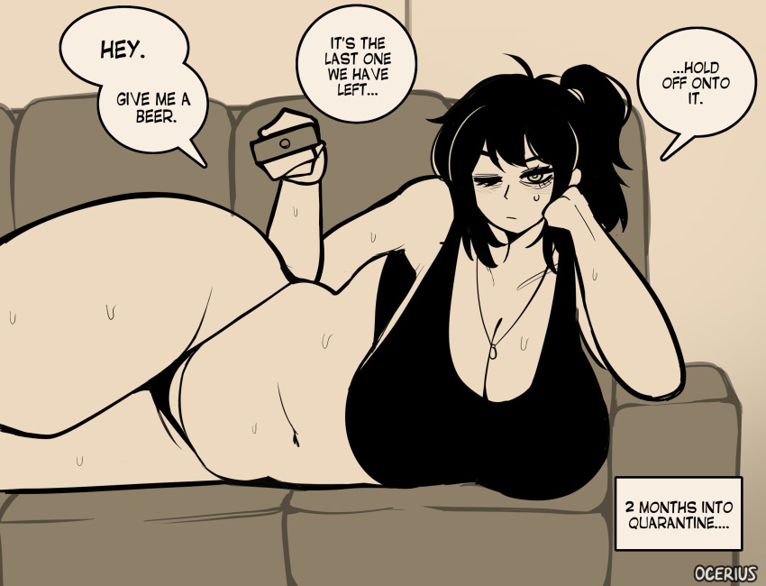1girl angry angry_expression barely_clothed big_breasts black_bra black_hair black_panties bored bothered breasts breasts_bigger_than_head chubby chubby_female cleavage dialogue duplicate female_only green_eyes huge_breasts lying lying_down massive_breasts milf mom mommy monochrome mother_&_son no_pants ocerius offscreen_character on_sofa one_eye_closed panties ponytail remote_control renee_graves resting_bitch_face resting_breasts sports_bra text the_coffin_of_andrew_and_renee the_coffin_of_andy_and_leyley thick_thighs thong tummy twitter_link venus_body voluptuous voluptuous_female watermark wide_hips
