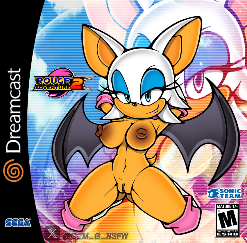 1girl arms_behind_head bat_wings big_breasts blue_eyes c_m_g_nsfw cleft_of_venus completely_nude_female dreamcast female_focus furry furry_female game_cover looking_at_viewer makeup navel nipples nude_female pussy rouge_the_bat sega sega smile sonic sonic_adventure_2 sonic_the_hedgehog_(series) video_game_cover white_fur