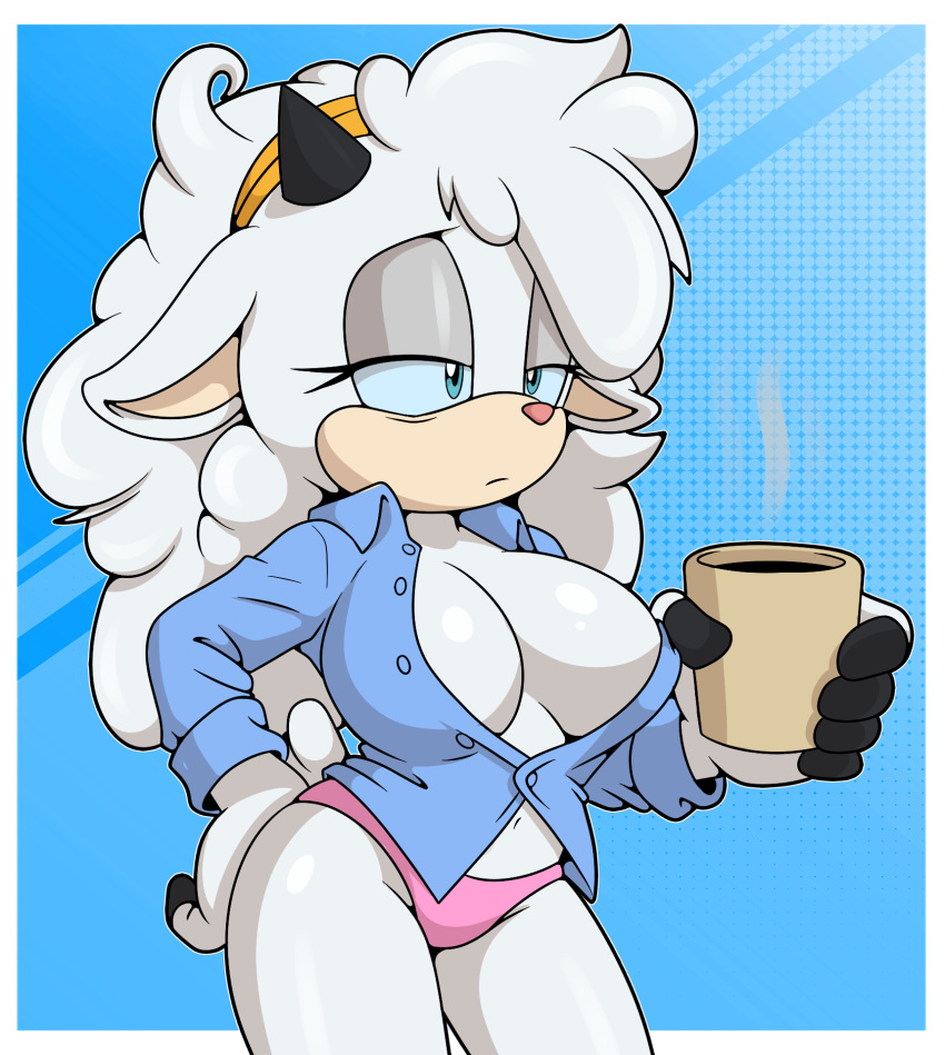 1girl big_breasts coffee female idw_publishing lanolin_the_sheep open_shirt sega sheep solo sonic_the_hedgehog_(comics) sonic_the_hedgehog_(idw) sonic_the_hedgehog_(series) sonicguru thick_thighs underwear