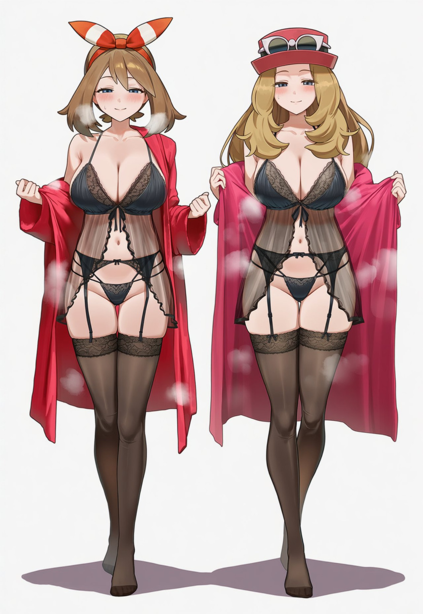 2_girls ai_generated big_breasts black_bra black_legwear black_panties blue_eyes blush bow_hairband bra breasts brown_hair circle_ueponzu cleavage coat full_body garter_belt jewelry lingerie long_hair looking_at_viewer may_(pokemon) multiple_girls navel panties pokemon red_hairband red_ribbon ribbon serena_(pokemon) smile standing stockings underwear