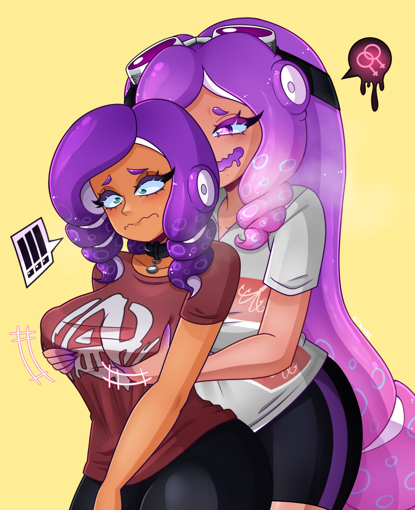 2_girls big_breasts boob_grab cherry_(octoling) commission commission_art commissioner_oc from_behind heart-shaped_pupils hugging kitsuneart2 nintendo octoling octoling_girl retro_(octoling) splatoon splatoon_(series) tentacle_hair yuri