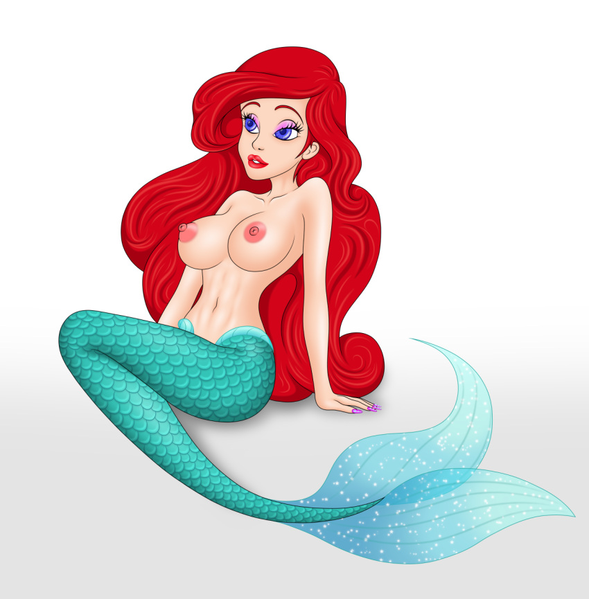 abs areola ariel ariel_(the_little_mermaid) big_breasts blue_eyes collarbone erect_nipples fingernails gradient_background lipstick long_hair makeup mermaid mermaid_tail nails_painted navel oniblonde-art pink_nipples red_hair red_lipstick sidelocks sitting the_little_mermaid topless topless_female white_background