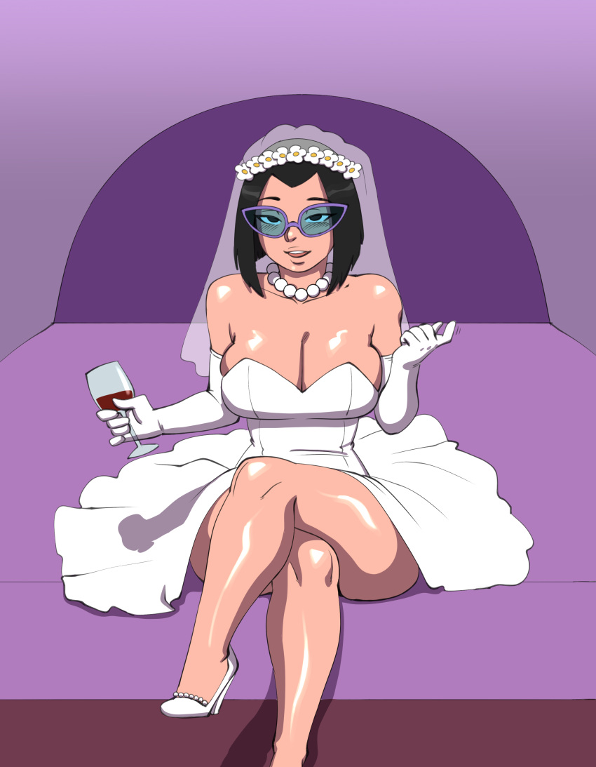 alternate_version_available bed bedroom big_breasts black_hair breasts bride come_hither commission commissioner_upload darkeros darkeros13 elbow_gloves floral_head_wreath glasses gloves high_heels legs_crossed looking_at_viewer necklace nickelodeon on_bed pearl_necklace the_fairly_oddparents thedarkeros tootie wedding_dress wedding_night wine_glass