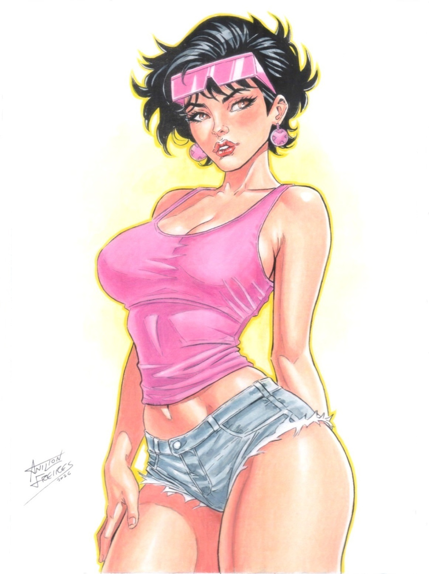 anilton_freires artist_name artist_signature asian asian_female big_breasts black_hair breasts brown_eyes denim_shorts earrings jubilation_lee jubilee marvel shorts sunglasses sunglasses_on_head tank_top white_background x-men