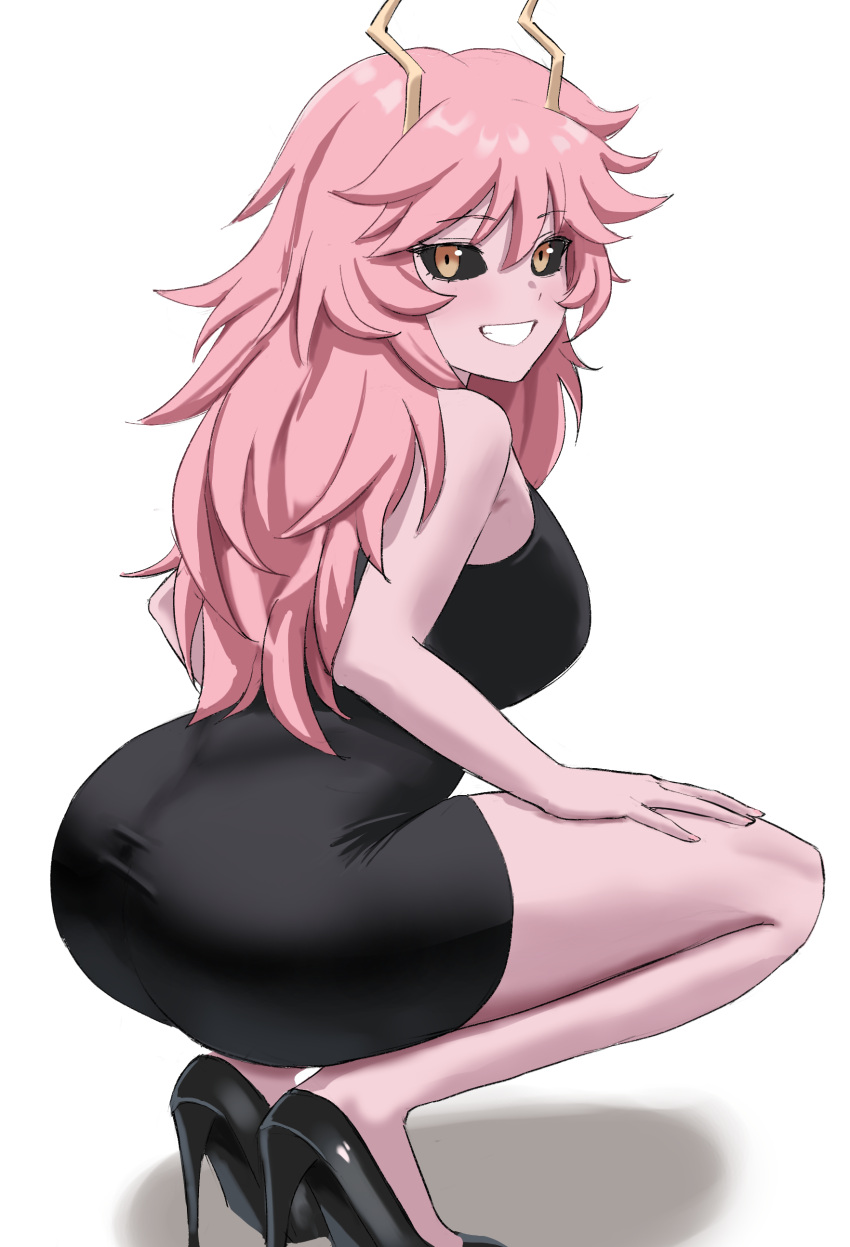 ashido_mina ashido_mina_time-skip ass big_breasts black_dress black_sclera boku_no_hero_academia breasts high_heels horns kebin1999 kneel long_hair looking_at_viewer looking_back mina_ashido mina_ashido_time-skip my_hero_academia pink_hair pink_skin white_background yellow_eyes