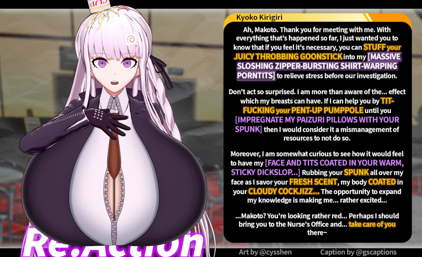 before_paizuri before_sex big_breasts breasts cyshen danganronpa danganronpa:_trigger_happy_havoc danganronpa_(series) dirty_talk food gigantic_breasts goonspeak gscaptions horny horny_female huge_breasts imminent_sex indoors kirigiri_kyouko naegi_makoto noodles_(food) offscreen_character offscreen_male purple_eyes text tied_shirt white_hair