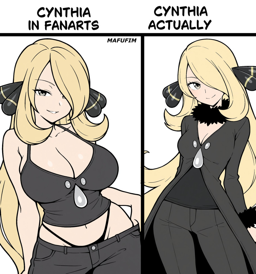 1girl 2koma alternate_breast_size_(larger) arms_at_sides artist_name bare_shoulders big_breasts black_coat black_panties black_pants black_shirt blonde_hair breasts cleavage coat collarbone comic commentary cowboy_shot crop_top curvy cynthia_(pokemon) english_text fur-trimmed_coat fur-trimmed_sleeves fur_collar fur_trim game_freak grey_eyes hair_ornament hair_over_one_eye halterneck high_res highleg highleg_panties light_smile long_hair mafufim meme narrow_waist nintendo panties pants pokemon pokemon_dppt seductive_smile shirt skinny small_breasts smile spaghetti_strap underwear untranslatable_commentary very_long_hair